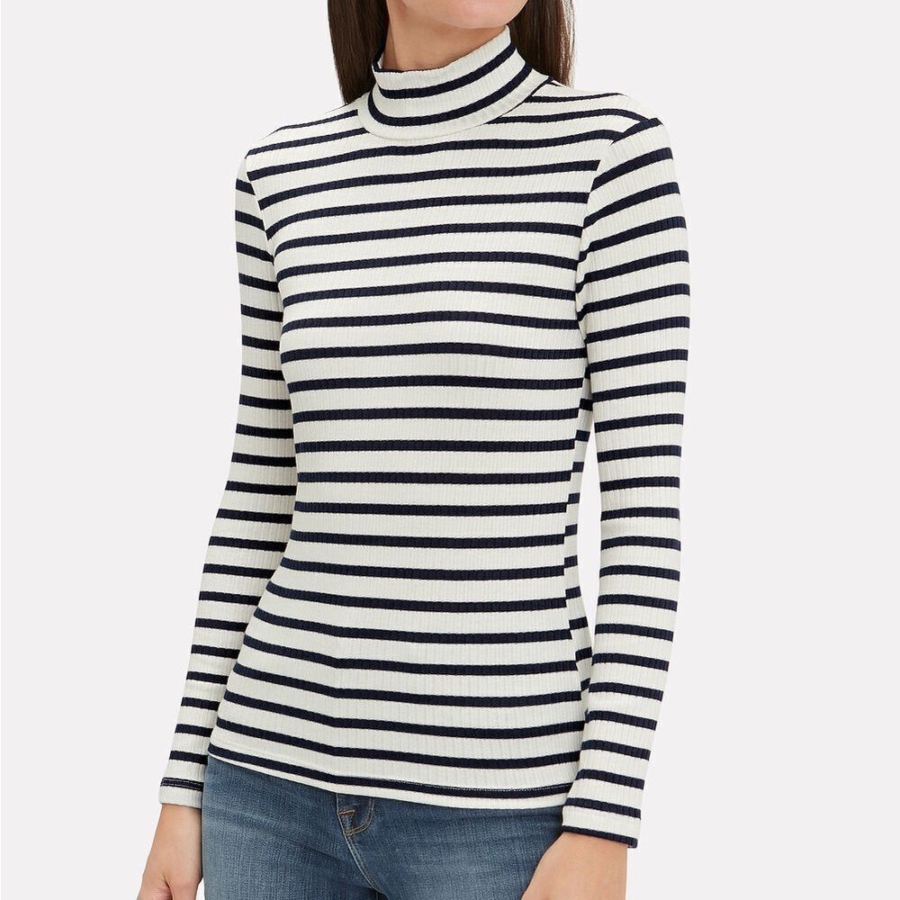 FRAME Fitted Ribbed Mockneck White and‎ Black Striped Sweater size Large